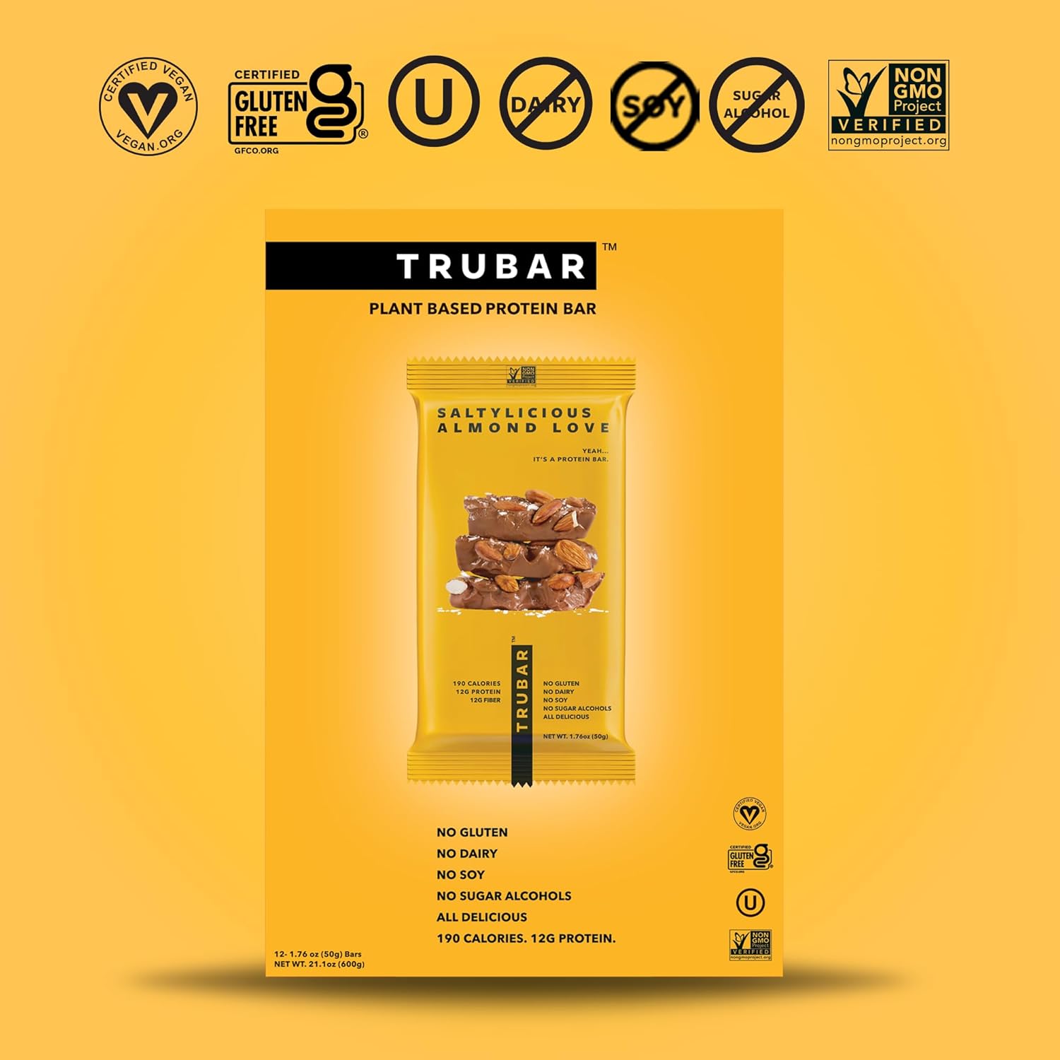 TRUBAR Vegan Protein Bar, Saltylicious Almond Love, Gluten Free, Plant Based Protein, Dairy Free, Non GMO, Soy Free, No Sugar Alcohols, 12G Protein, 12G Fiber, 23G Carb, on the Go Snack Bars, 12 CT : Health & Household