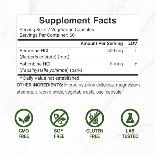 Berberine Supplement With Yohimbine, 500Mg Per Serving, 120 Veggie Capsules – Root & Bark Extracts – High Absorption Hydrochloride Hcl Forms – Non-Gmo, Vegan