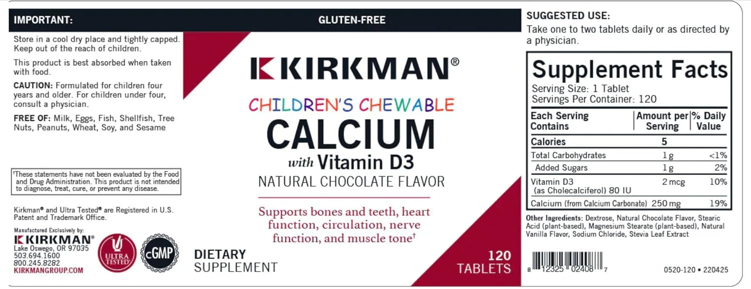 Children'S Chewable Calcium With Vitamin D3, Natural Chocolate, 120 Tablets, Kirkman Labs : Health & Household