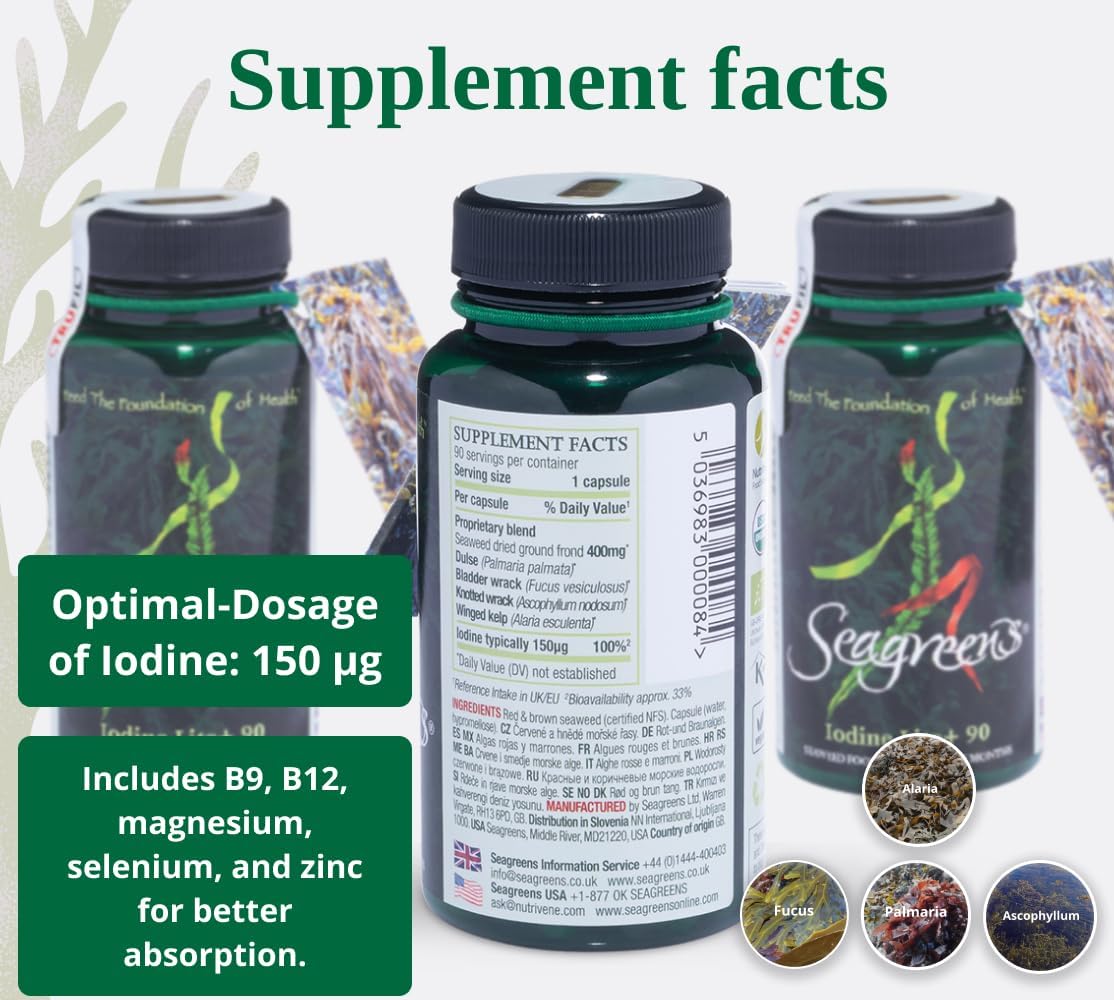 Seagreens Iodine Lite+ Supplements, 3 Month Supply, 150mcg Natural Iodine from Seaweed, Vegan Supplement for Kids & Adults, Radiation Support, Thyroid Health, 90 Capsules : Amazon.co.uk: Health & Personal Care