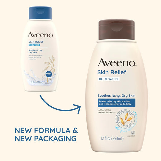 Aveeno Skin Relief Fragrance-Free Body Wash with Triple Oat Formula, Gentle Daily Cleanser for Sensitive Skin Leaves Itchy, Dry Skin Soothed & Feeling Moisturized, Sulfate-Free, 18 fl. oz