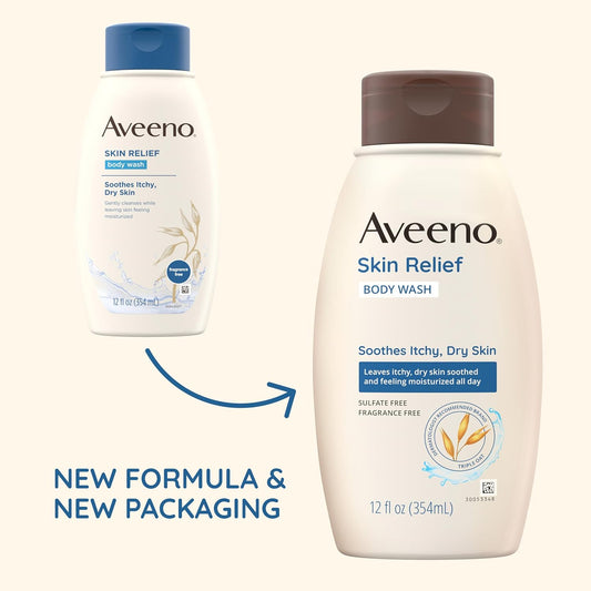 Aveeno Skin Relief Fragrance-Free Body Wash With Triple Oat Formula, Gentle Daily Cleanser For Sensitive Skin Leaves Itchy, Dry Skin Soothed & Feeling Moisturized, Sulfate-Free, 18 Fl. Oz