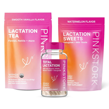 Pink Stork Lactation Support Bundle for Breastfeeding Women - Lactation Supplements, Nursing Tea, and Sweets for Breast Milk Supply and Flow, with Fenugreek, Fennel, and Milk Thistle, Set of 3