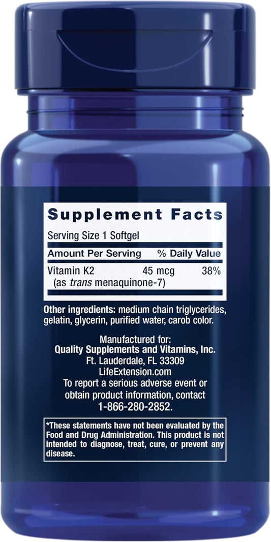 Life Extension Low Dose Vitamin K2 – Supports Arterial Health – Non-Gmo, Gluten-Free – 90 Softgels