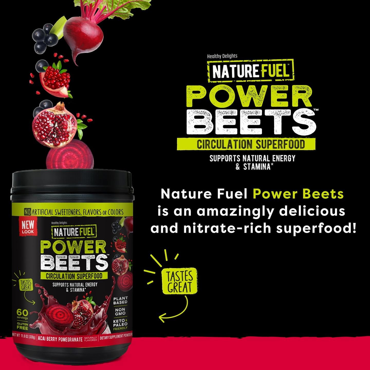 Nature Fuel Power Beets Powder, Delicious Acai Berry Pomegranate, Concentrated Superfood Supplement, Supports Circulation, Natural Energy & Stamina, Non-GMO, 60 Servings : Health & Household