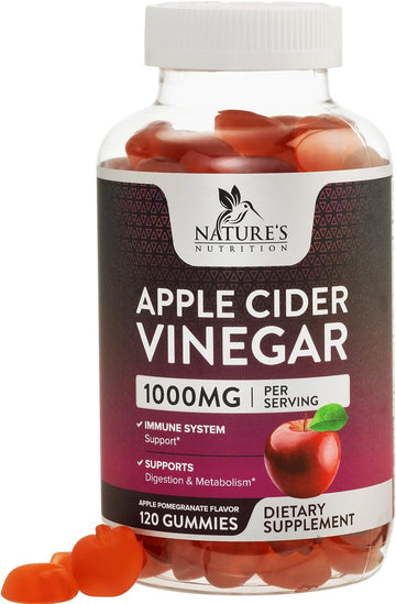 Nature'S Nutrition Apple Vinegar Gummy For Weight Loss 1000Mg - Vegan Apple Cider Vinegar Gummies For Detox & Cleanse, Acv Supplement Pills, Vitamin B12, Beetroot & Pomegranate, Non-Gmo - 120 Gummies