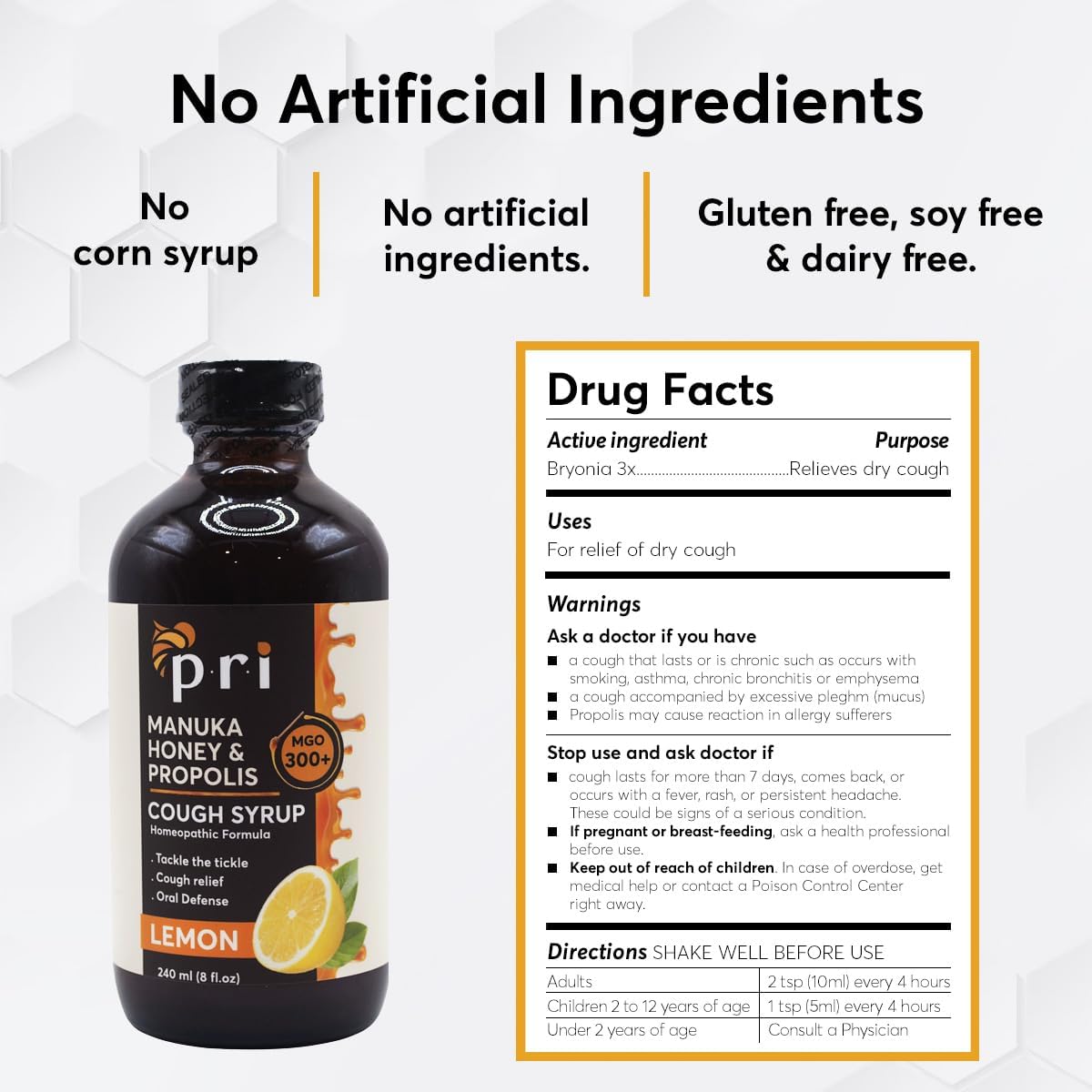 P.R.I Natural Dry Cough Syrup With Manuka Honey, Propolis, Tea Tree Oil And Vitamin C - Sore Throat & Immune Support, Lemon Flavor, 8Oz : Health & Household