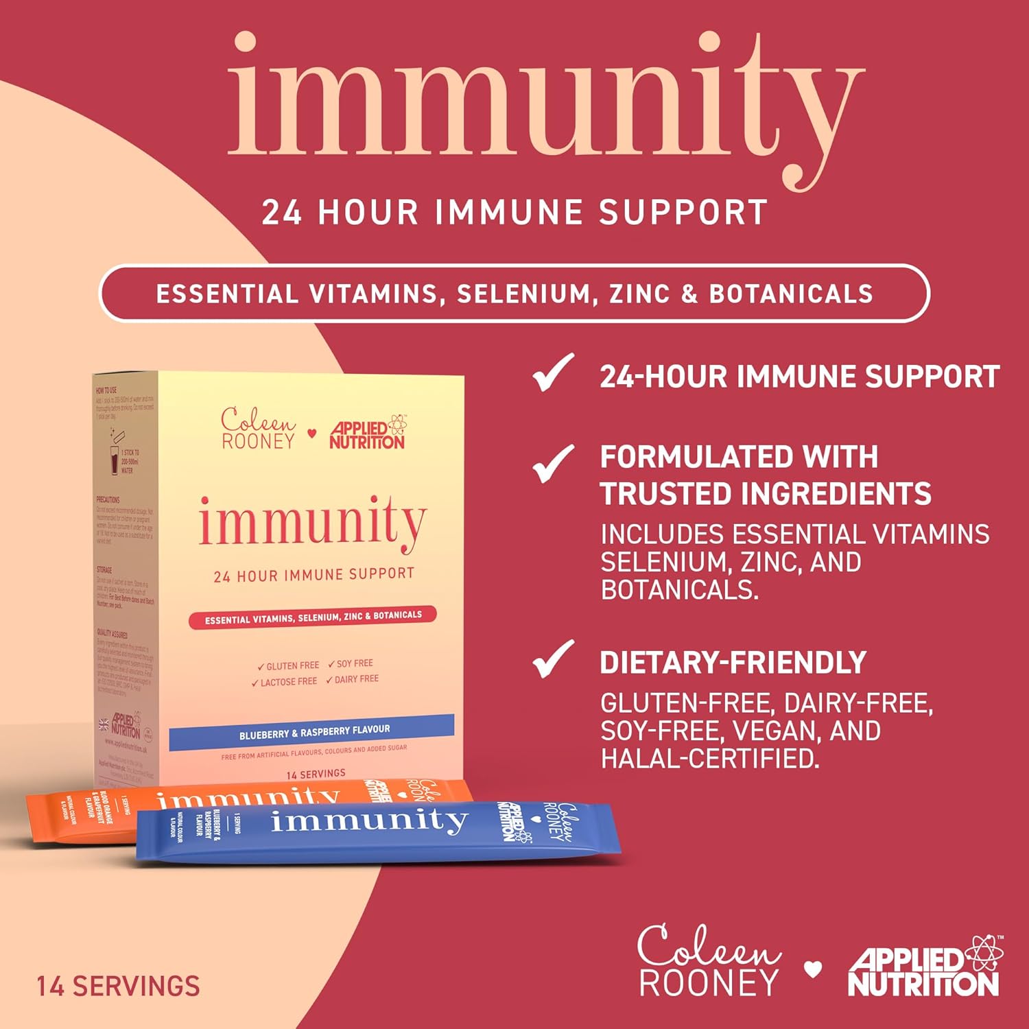 Applied Nutrition - Coleen Rooney - Immunity Powder - Vitamin & Mineral Boost - Best 24-Hour Immune Support - Best Vegan Immunity Defense - Enhanced Vitality (14 Servings) (Blood Orange & Grapefruit) : Amazon.co.uk: Health & Personal Care