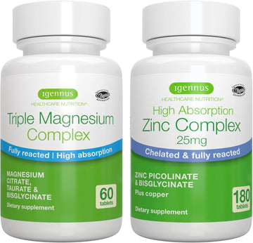 Triple Magnesium Complex + Zinc Complex Vegan Bundle, High Absorption Chelated Magnesium + 25Mg Chelated Zinc Picolinate & Bisglycinate With Copper, By Igennus