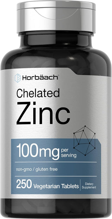 Horbäach Chelated Zinc Supplement 100mg | 250 Tablets | High Potency & Superior Absorption | Vegetarian, Non-GMO, Gluten Free