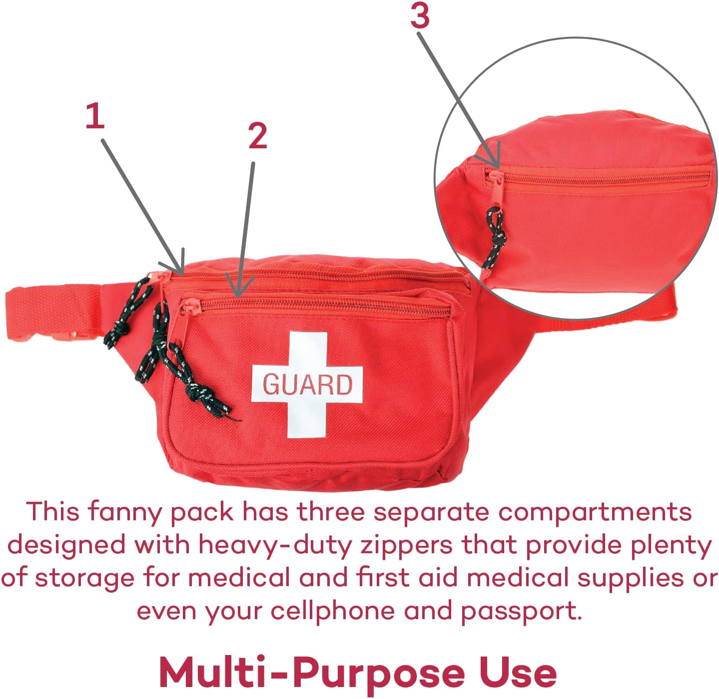 Dealmed Lifeguard Fanny Pack with Logo, E-Z Zipper Design and 3 Pockets, Red Fanny Pack (Pack of 1), Includes Adjustable Waist Strap and Zipper Pockets : Health & Household