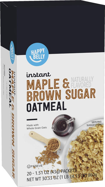 Amazon Brand - Happy Belly Instant Oatmeal, Apple & Cinnamon, Maple & Brown Sugar, 30.33 oz, 1.51 ounce (Pack of 20)
