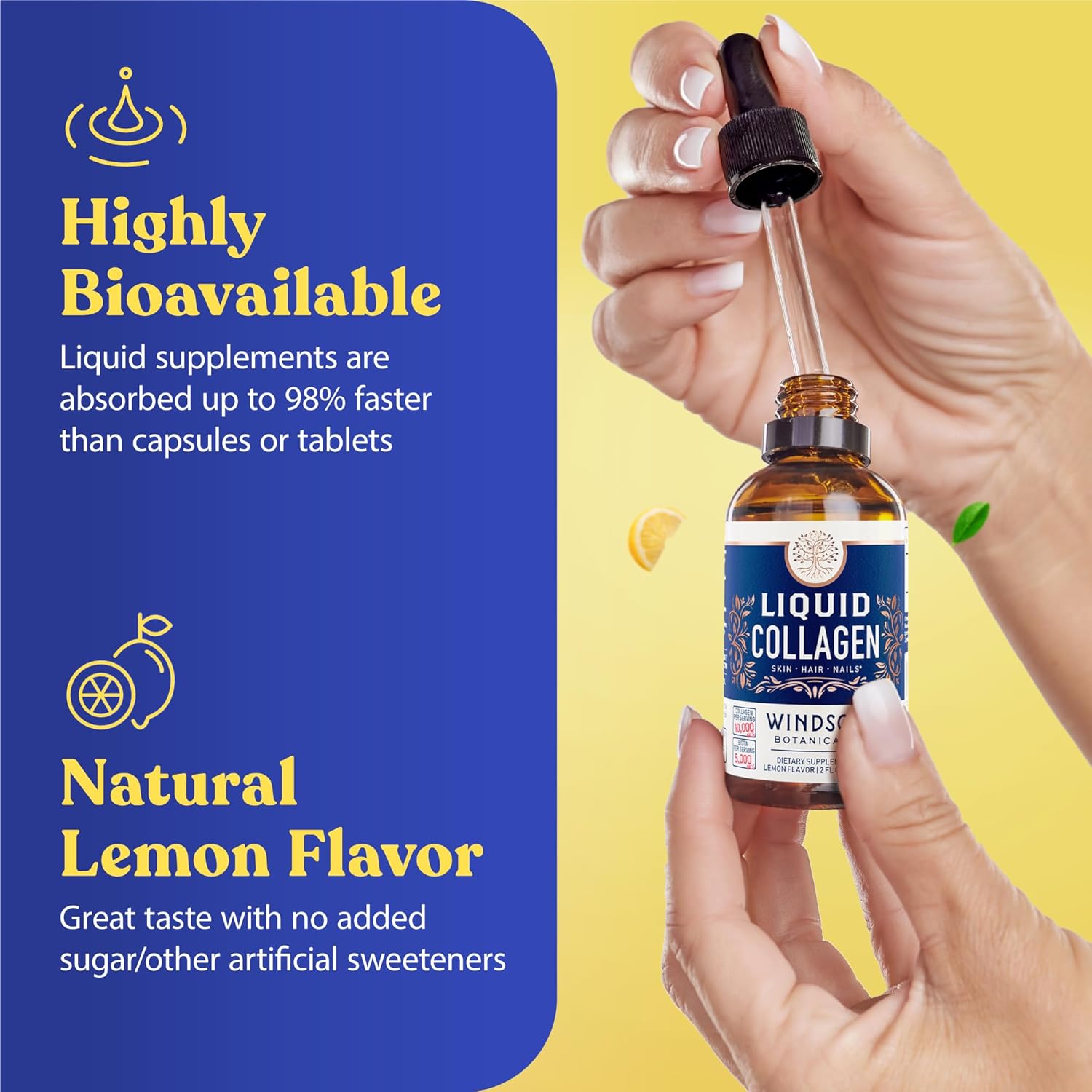 Windsor Botanicals Liquid Collagen For Women And Men - Hair, Skin, Nails Vitamins - Lemon Flavor Collagen Peptides Hair Growth Drink - 5,000Mcg Biotin, 10,000Mcg - Us Made - 2X2Oz : Health & Household