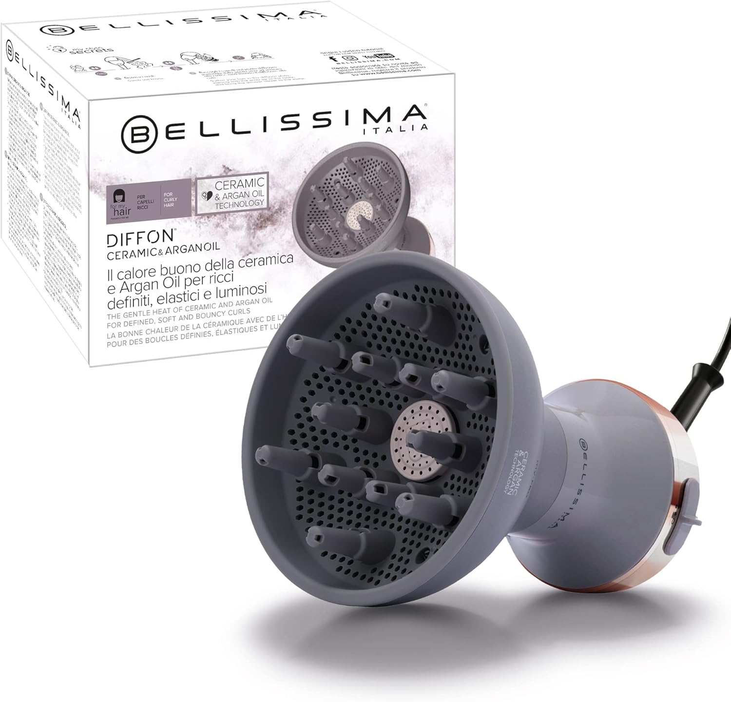 Bellissima Imetec Diffon Ceramic & Argan Oil Difusor De Aire Caliente Para Cabello Rizado, Tecnología Cerámica Y Aceite De Argán, 2 Niveles De Aire/Temperatura, Secado Suave, 700 W, Color Gris