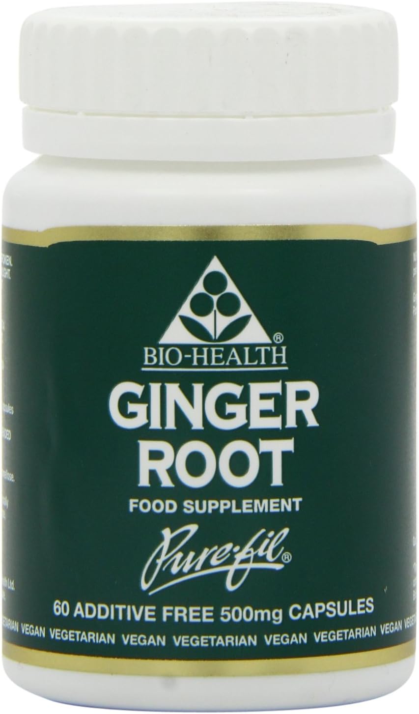 Bio-Health Ginger Root Herbal Food Supplement For Better Digestion And General Health, Relief For Nausea And Sickness, Suitable For Vegan And Vegetarians, Additive Free, 60 Capsules