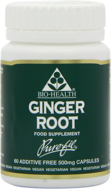 Bio-Health Ginger Root Herbal Food Supplement For Better Digestion And General Health, Relief For Nausea And Sickness, Suitable For Vegan And Vegetarians, Additive Free, 60 Capsules