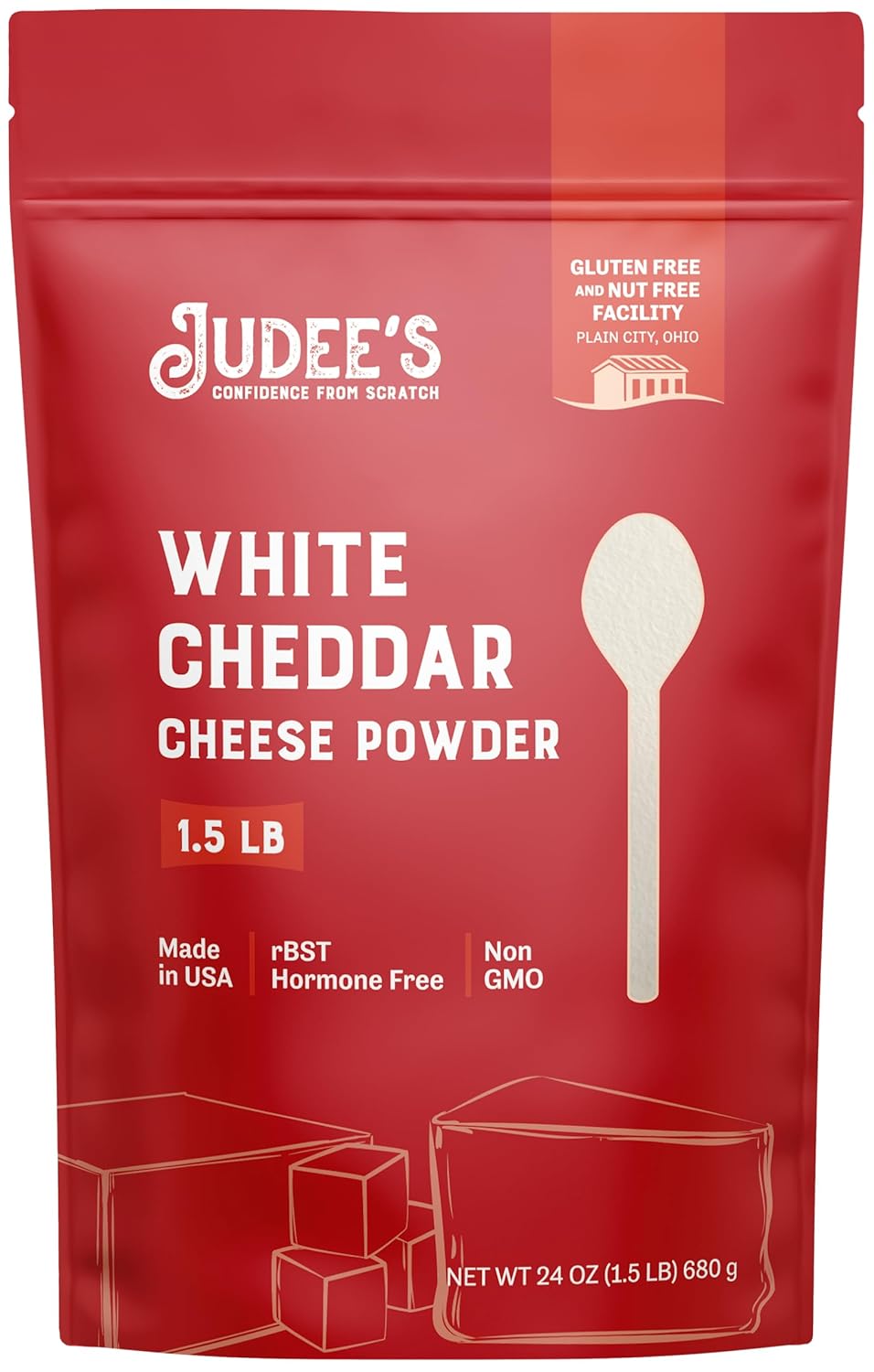 Judee’s White Cheddar Cheese Powder 1.5lb (24oz) - 100% Non-GMO, rBST Hormone-Free - Gluten-Free & Nut-Free - Made from Real Cheddar Cheese - Made in USA - Great in Dips, Sauces, and Baked Goods