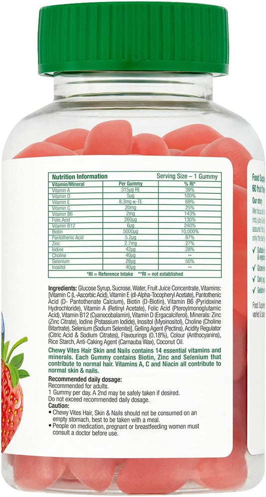 Chewy Vites Adult Hair Skin And Nails, 60 Biotin Gummies, High-Strength Biotin 5000Mcg, 2 Months Supply, Real Fruit Juice, Vegan, Blueberry And Raspberry Flavour