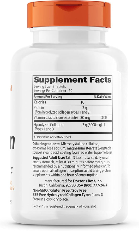 Doctor'S Best Collagen Types 1 & 3 With Peptan, Non-Gmo, Gluten Free, Soy Free, Supports Hair, Skin, Nails, Tendons & Bones, 1000 Mg, 180 Tablets