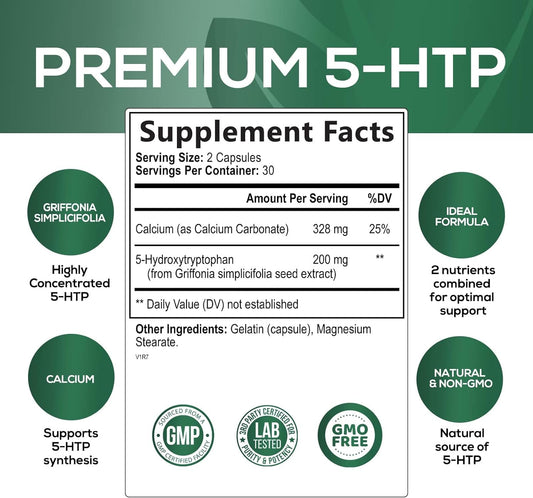 5 HTP Supplement Capsules 200 mg 5HTP Plus Calcium for Brain Mood and Sleep Support - Extra Strength 5-HTP Formula - 5 Hydroxytryptophan - Natural, Vegetarian, Gluten Free & Non-GMO - 60 Count