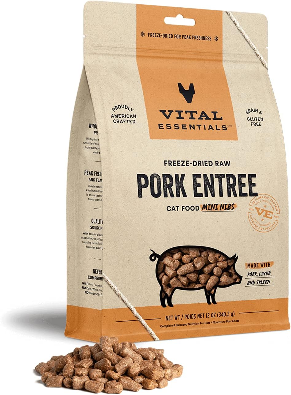 Vital Essentials Freeze Dried Raw Cat Food, Pork Mini Nibs Entree, 12 Oz