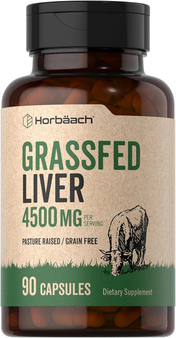 Horbäach Grass Fed Beef Liver Supplement | 4500Mg | 90 Capsules | Desiccated, Pasture Raised, Grain Free, Non-Gmo