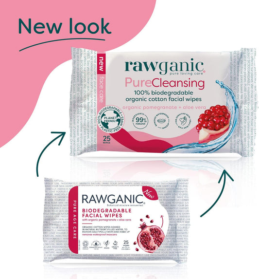 RAWGANIC Pure Cleansing Anti-aging Facial Wipes with Pomegranate and Aloe Vera | Gentle Hydrating Biodegradable Makeup Removal Wipes | Organic Cotton Face Wipes | 12 Packs (300 wipes in total)