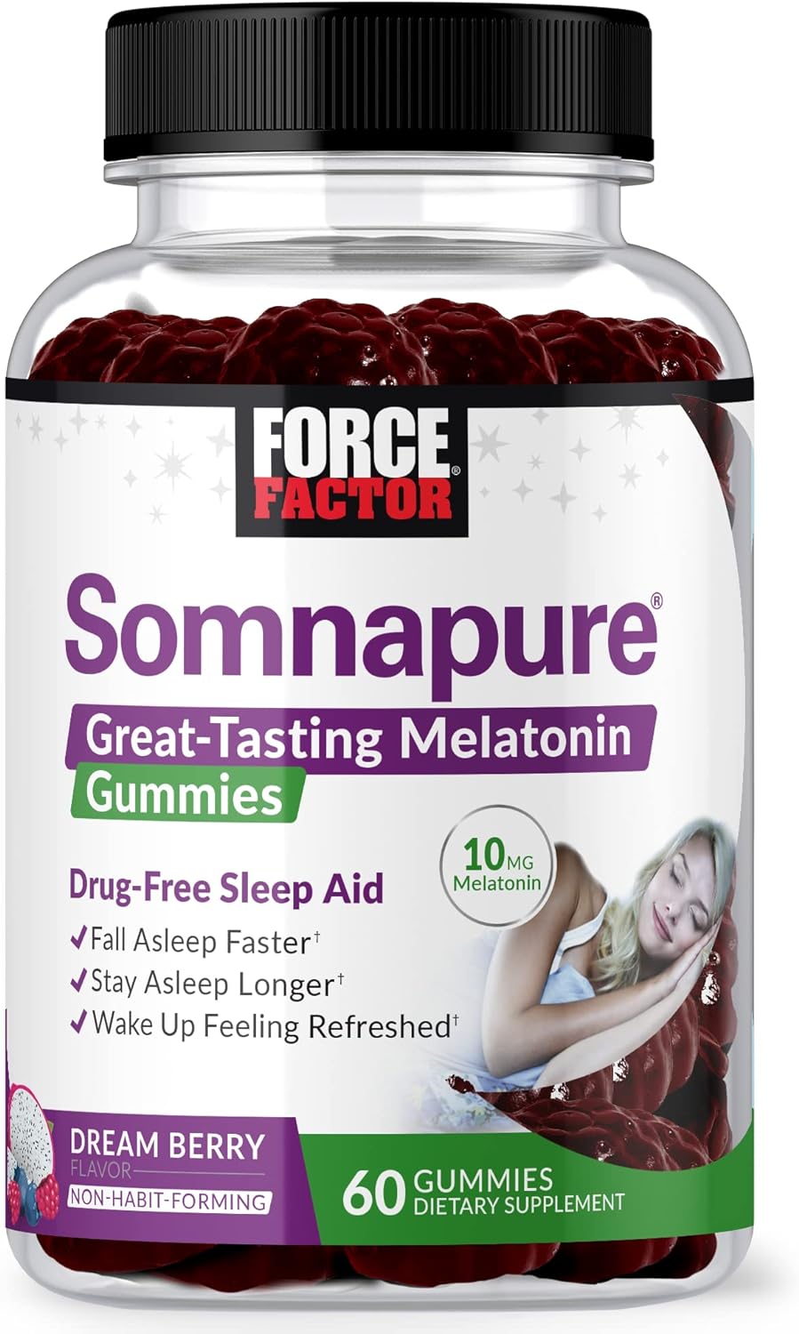 FORCE FACTOR Somnapure Gummies with Melatonin 10mg, Melatonin Gummies, Dream Berry Flavor, 60 Gummies, Purple (FFS-00849-FG)