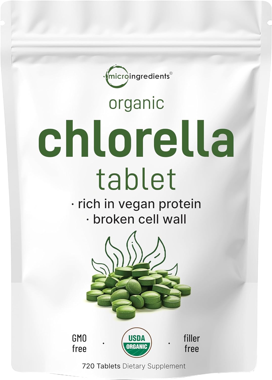 Organic Chlorella Tablets, 500Mg Per Tablet, 720 Tabs (360 Grams), 4 Months Supply, Broken Cell Wall, Rich In Vegan Protein & Vitamins, No Filler, No Additives & Non-Gmo | Pure Green Algae Superfood