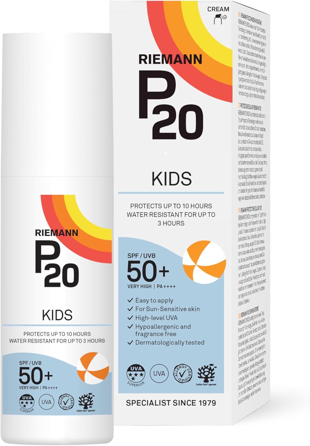Riemann P20 Sun Cream/Lotion For Kids (+1 Yr) Spf50+. All Day Long, Once A Day, Hydrating, Absorbs Fast, Long Lasting, 5*Uva & Uvb, Protects Up To 10Hrs, Water Resistant Up To 3Hrs, No Octocrylene