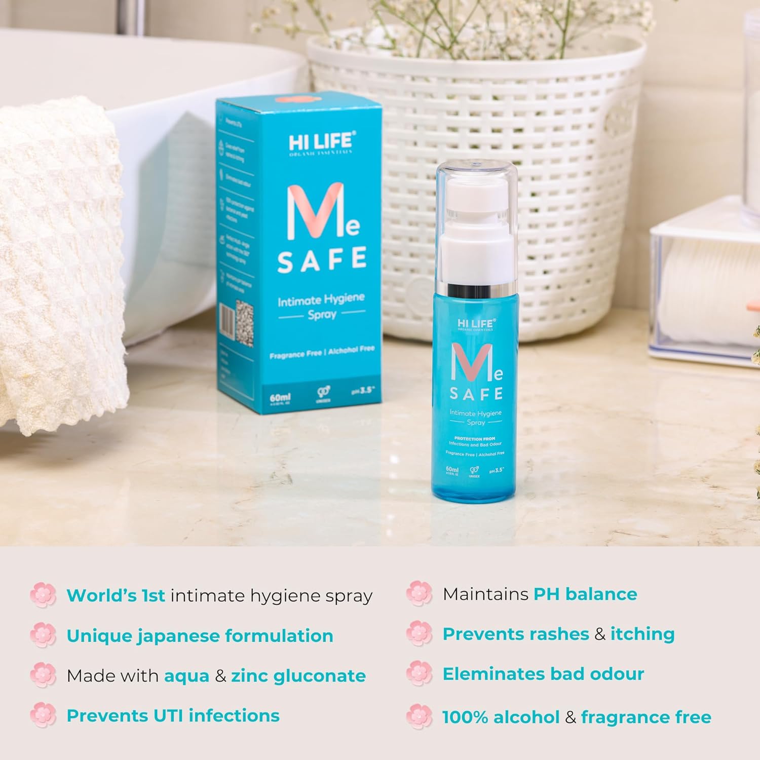 Hi Life Me SAFE Intimate Spray/Wash|Feminine Hygiene Spary for Women Enriched with Zinc Gluconate|Anti-Fungal & Anti-bacterial Prevents from Vaginal Itching, Dryness, Bad Odor & Rashes-(2 fl oz/60 ml) : Health & Household