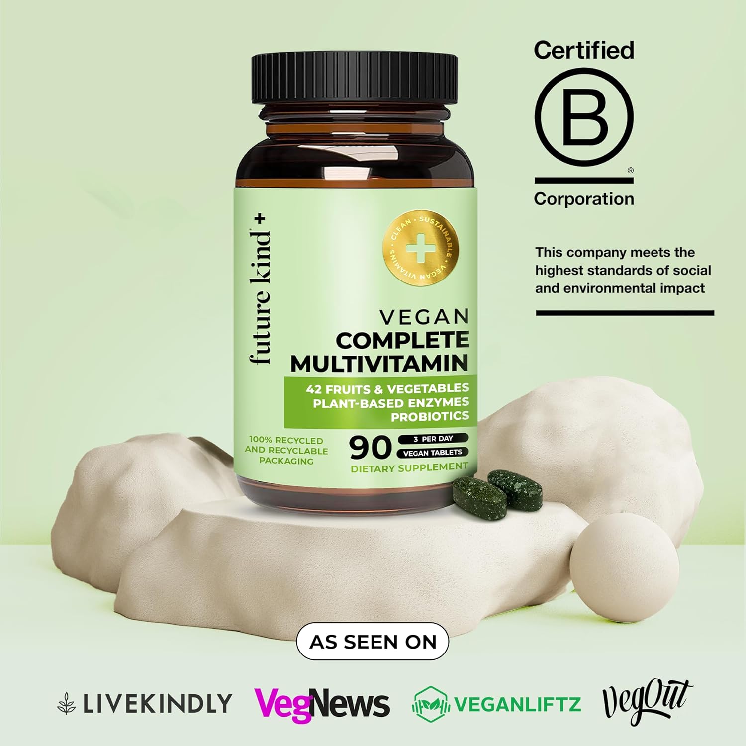 Future Kind Vegan Multivitamins Complete (90tabs in Recycled Bottle) - 42-in-1 Vegan Multivitamins for Women & Men - Multivitamin w Enzymes & Probiotics for Digestion - Vegan Vitamins w B12 & Zinc : Health & Household