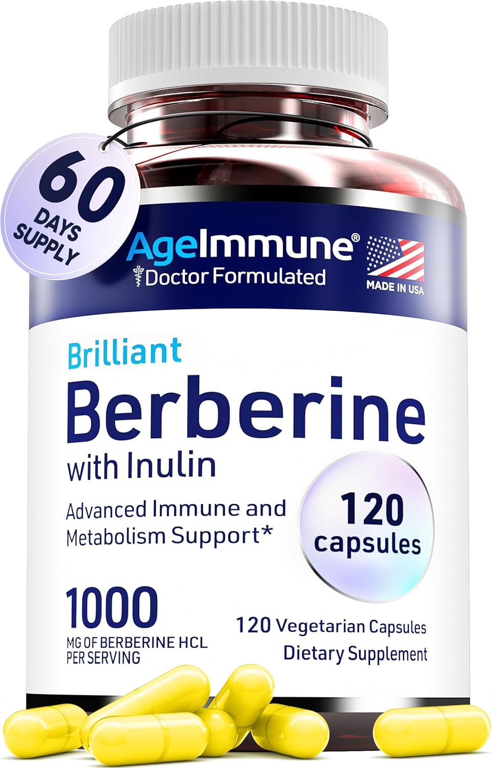 Berberine 1000Mg Supplement Complex With Inulin Prebiotic - Each Capsule Contains Berberine 500Mg - Doctor Formulated Supplements For High Absorption