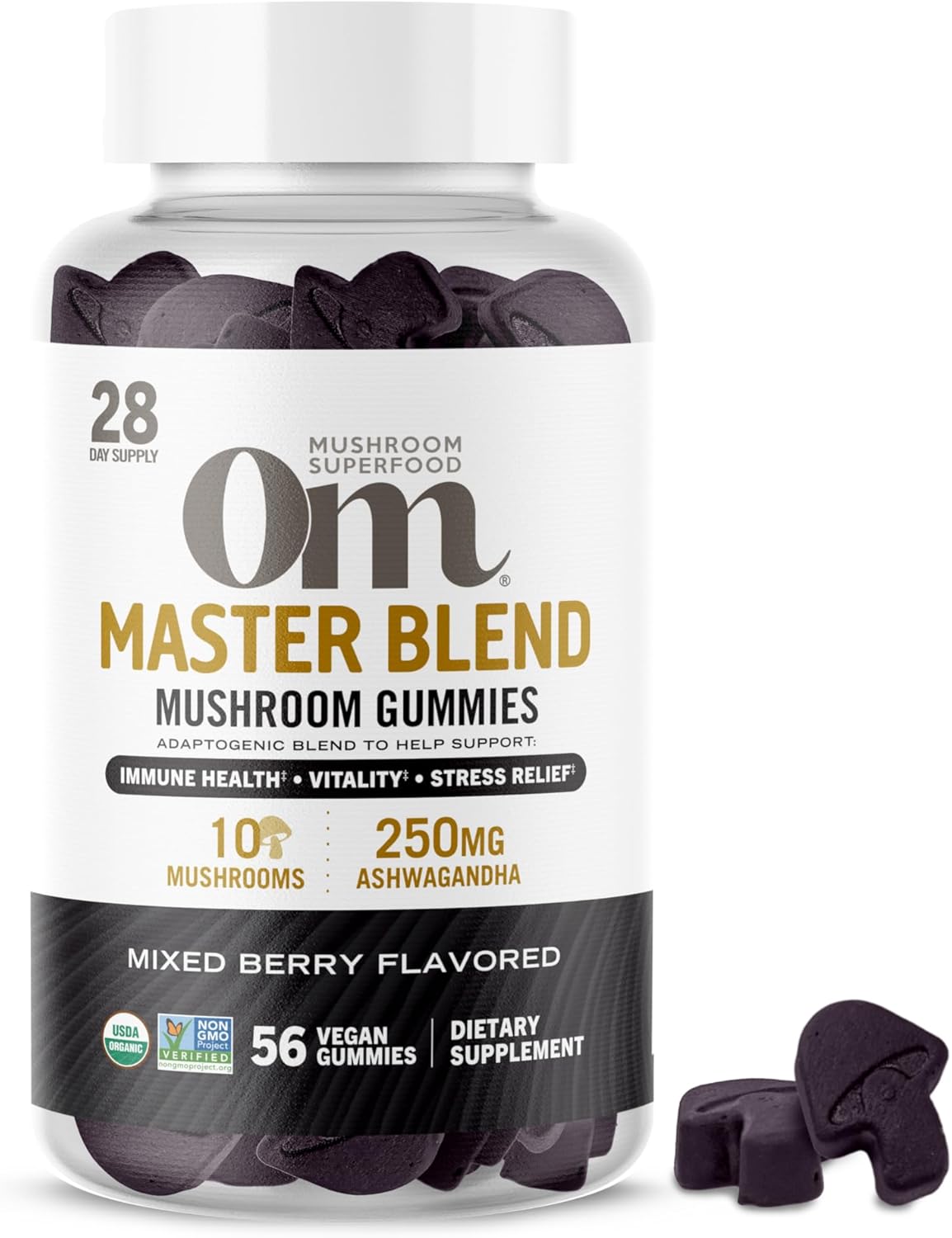 Om Mushroom Superfood Master Blend Mushroom Gummies, 56 Count, 28 Servings, Mixed Berry Flavor, 10 Mushroom Complex, Lions Mane, Chaga, Cordyceps, Adaptogens For Immune Health, Vitality, Stress Relief