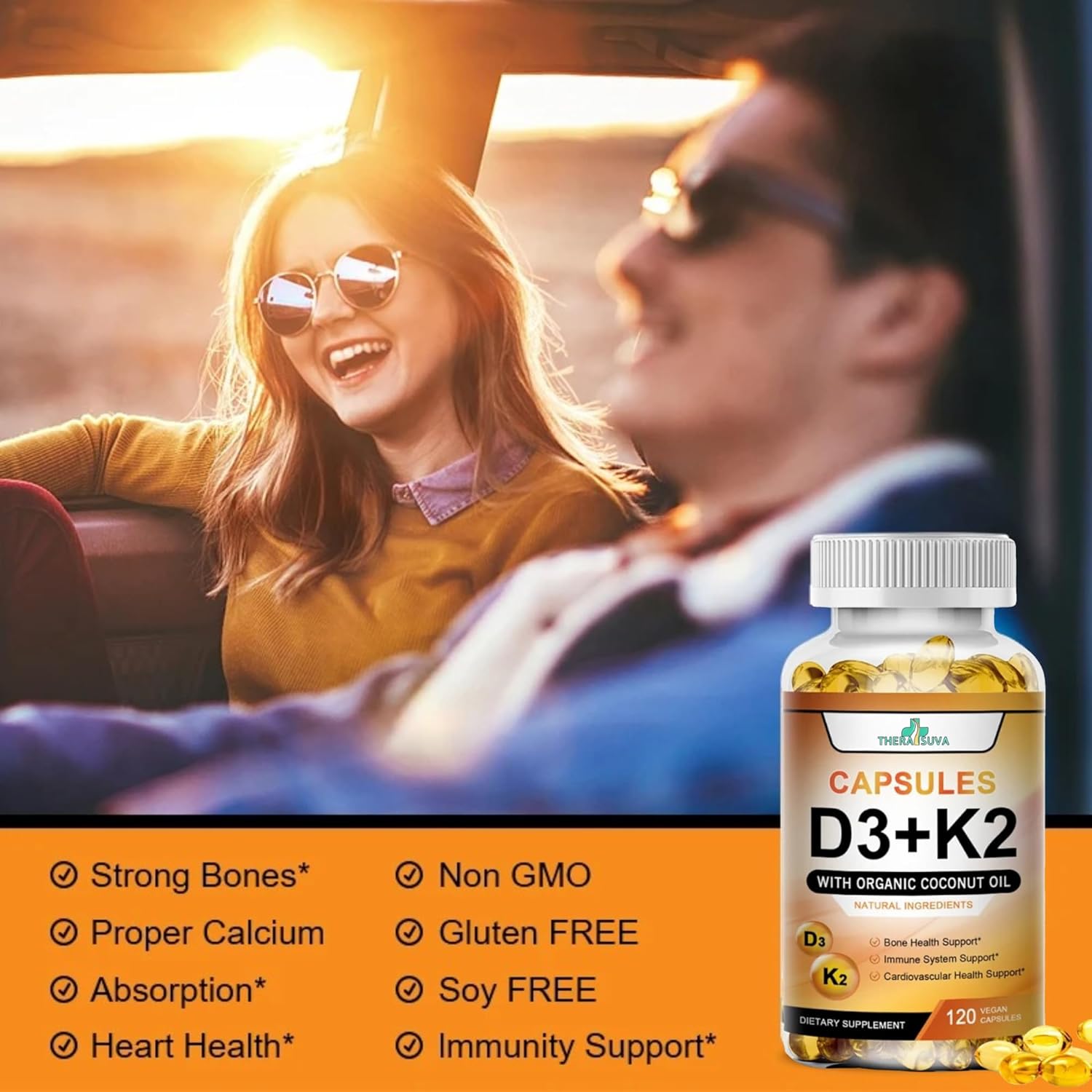 Therasuva High Potency Vitamin D3-5000Iu + K2, 100% Vegan Sourced W/Organic Coconut Oil, Gluten Free, Gmo-Free, For Bone And Heart Health, 120 Softgels 60-Day Supply : Health & Household
