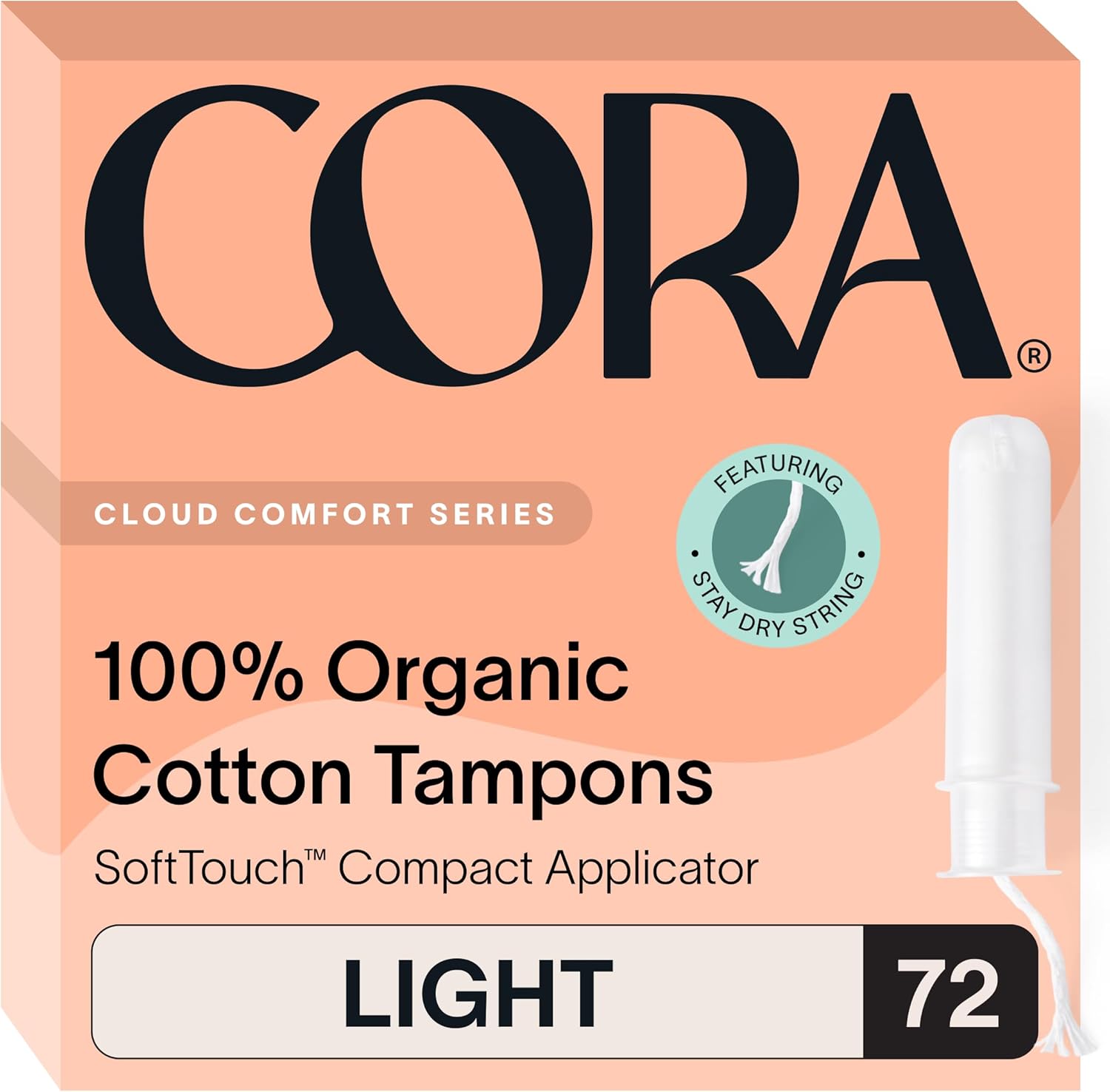 Cora Organic Applicator Tampons | Light Absorbency | 100% Organic Cotton, Unscented, Bpa-Free Compact Applicator | Leak Protection | Packaging May Vary | 72 Total