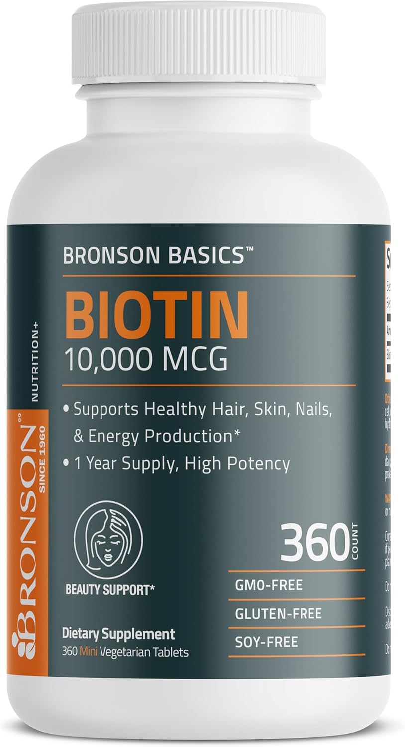 Bronson Biotin 10,000 MCG Supports Healthy Hair, Skin & Nails & Energy Production - High Potency Beauty Support - Non-GMO, 360 Vegetarian Tablets : Health & Household