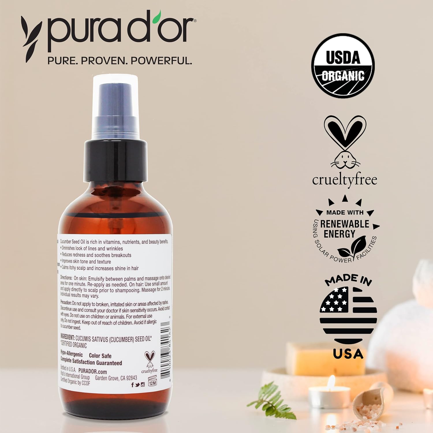 PURA D'OR 4 Oz Organic Cucumber Seed Oil100% Pure USDA Certified Premium Grade All Natural Moisturizer, Cold Pressed, Unrefined, Hexane-Free Base Carrier Oil for DIY Skin Care For Men & Women : Beauty & Personal Care