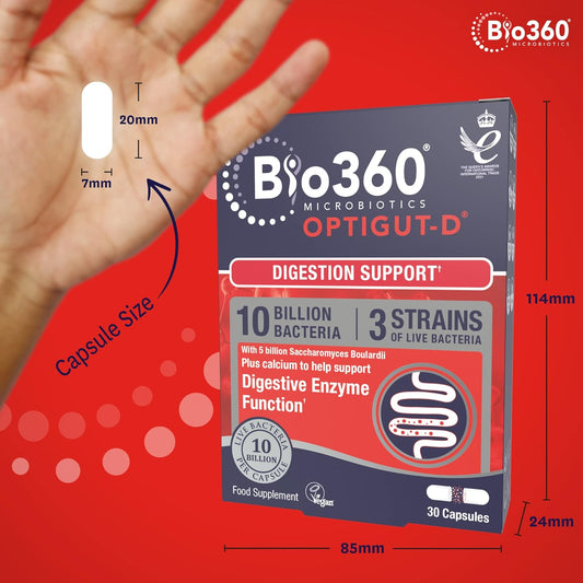 Natures Aid Bio360 Optigut-D Probiotic 10 Billion Live Bacteria - High Strength Vegan Digestive Gut Health Support - Gut Health Supplement For Adults & Kids - Gluten Free, Non-Gmo - 30 Capsules