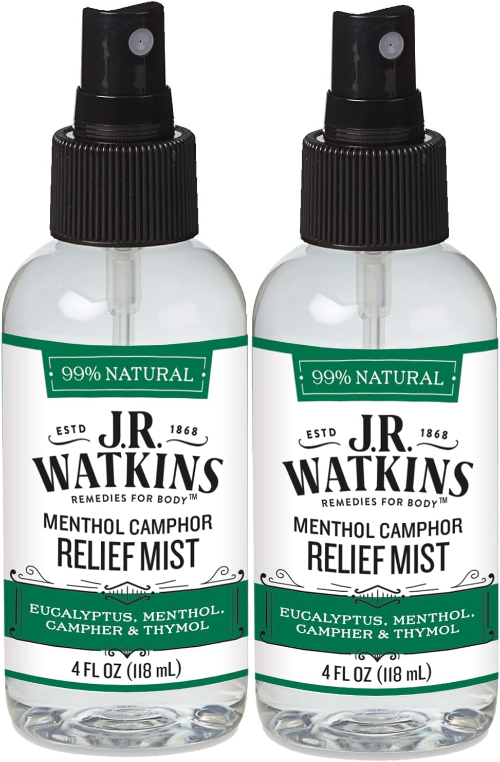 J.R. Watkins Natural Menthol Camphor Relief Mist, Relief Mist For Flu And Cold Relief, Decongestant For Stuffy Nose, Usa Made And Cruelty Free, 4 Fl Oz, 2 Pack