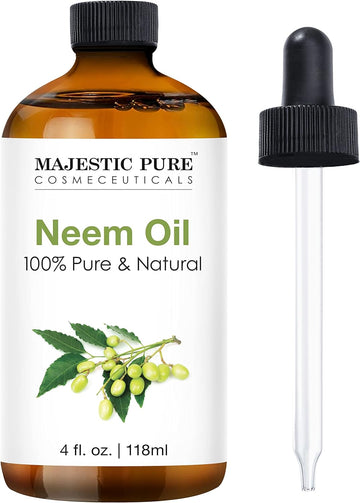 MAJESTIC PURE Neem Oil for Plants Spray and Essential Oils Mixing , 100% Pure Cold Pressed, Great for Skin / Hair Care, Massage Oil, Nails, Acne & Moisturizer for Dry Skin, 4 Fl Oz