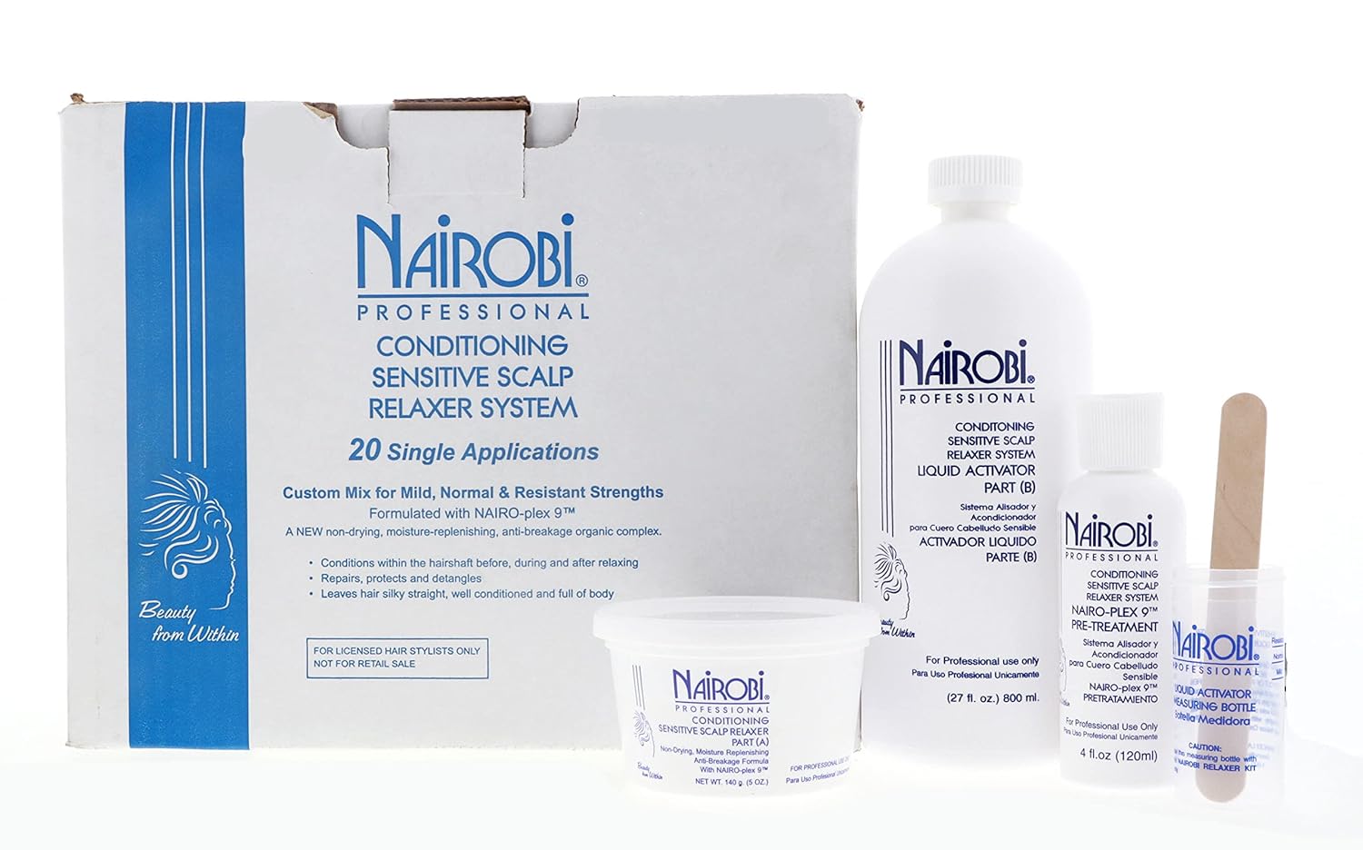 Conditioning Sensitive Scalp Relaxer System Kit By Nairobi For Unisex - 20 Single Applications 1 X 4Oz Nairo Plex 9 Pre-Treatment, 20 X 5Oz Cream Relaxer, 1 X 27Oz Liquid Activator, Measuring Bottle, Spatula : Standard Hair Conditioners : Beauty & Personal Care