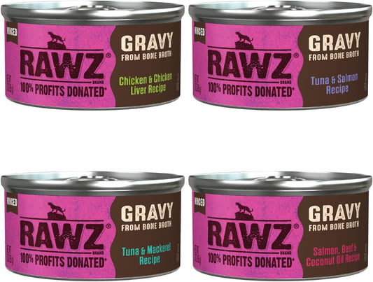 Rawz Natural Premium Minced Canned Cat Food In Gravy From Bone Broth -12 Pack Cans Variety Bundle - 4 Flavors With Hotspot Pets Can Lid (3 Oz Cans) (Pack Of 12)