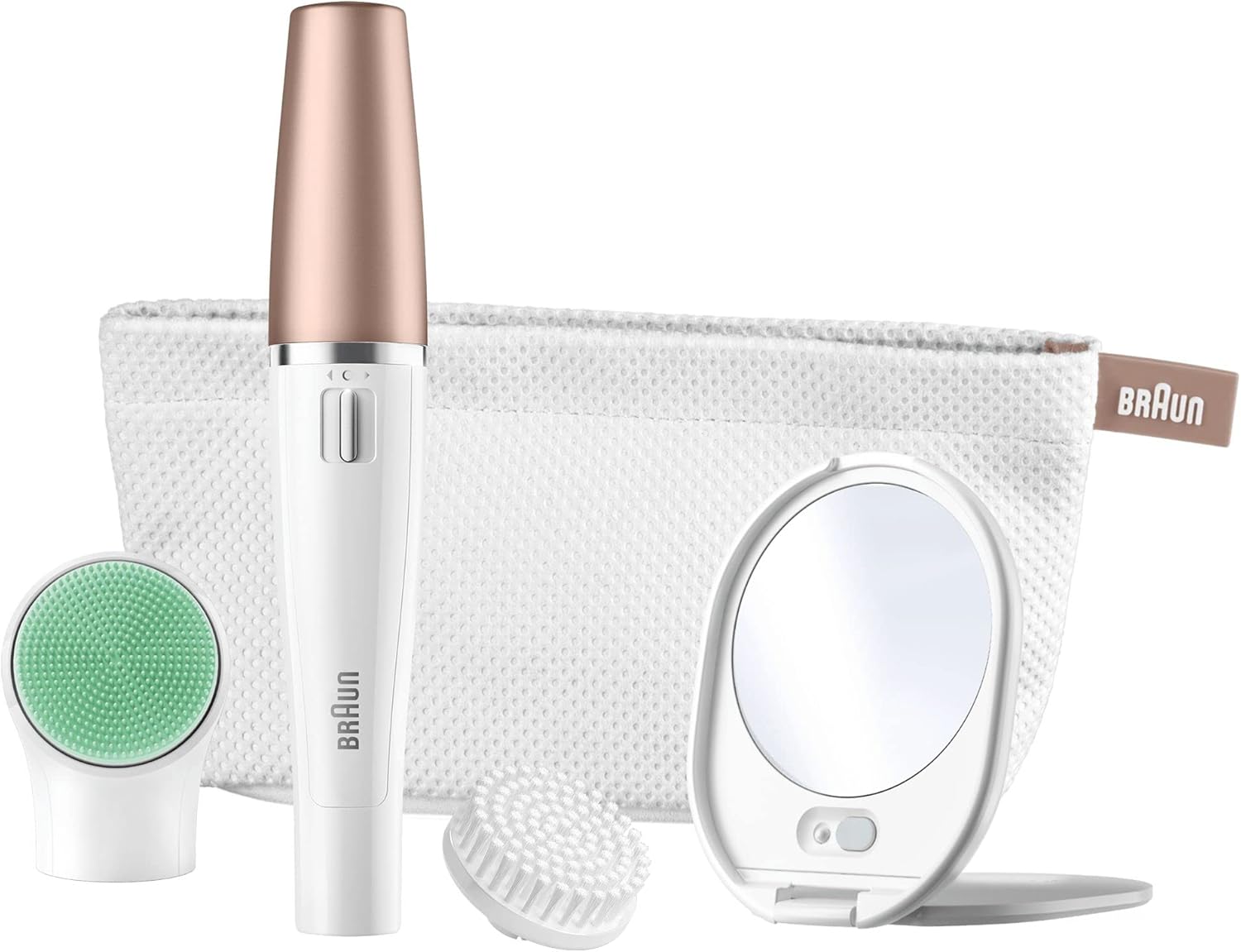 Braun Facespa Face Epilator, Hair Removal With Facial Cleansing Brush Head, Lighted Mirror And Beauty Pouch, 851V, White
