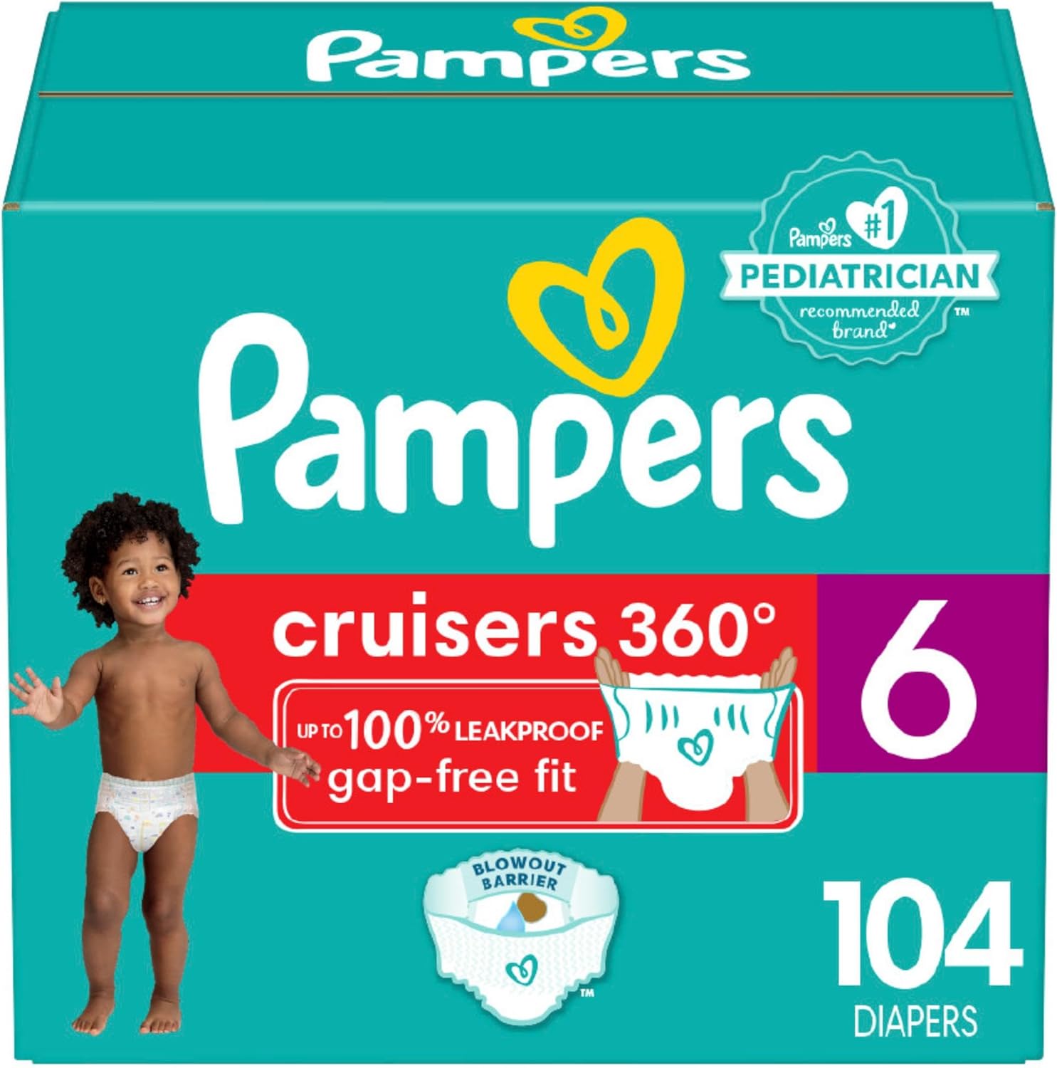 Pampers Cruisers 360 Diapers - Size 6, One Month Supply (104 Count), Pull-On Disposable Baby Diapers, Gap-Free Fit