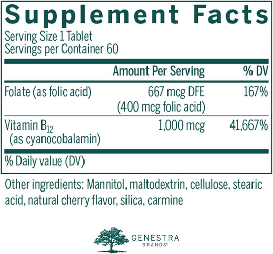 Genestra Brands Bio B12 + Folic Acid | Vitamin Supplement | 60 Chewable Tablets