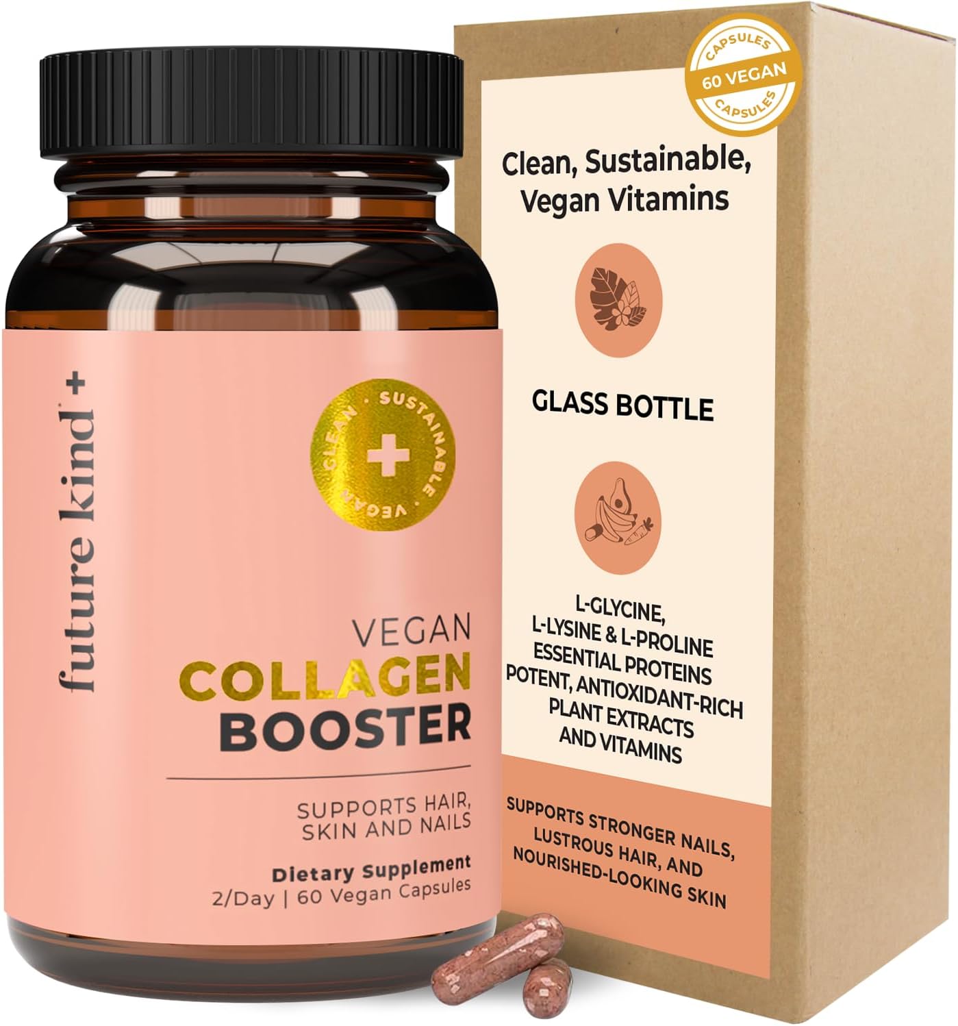 Future Kind Vegan Collagen (60 Vegan Capsules In Glass Bottle) Aids In Collagen Production - Collagen Pills For Women & Men With Biotin And Vitamin C - Collagen Pills For Women Hair Skin Nails