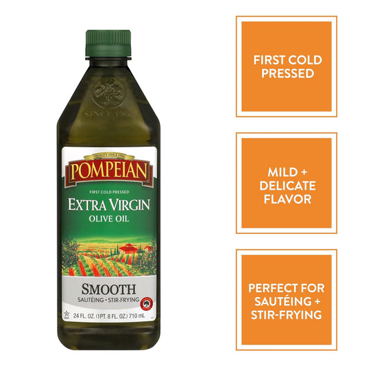 Pompeian Smooth Extra Virgin Olive Oil, First Cold Pressed, Mild And Delicate Flavor, Perfect For Sauteing And Stir-Frying, Naturally Gluten Free, Non-Allergenic, Non-Gmo, 24 Fl Oz., Single Bottle