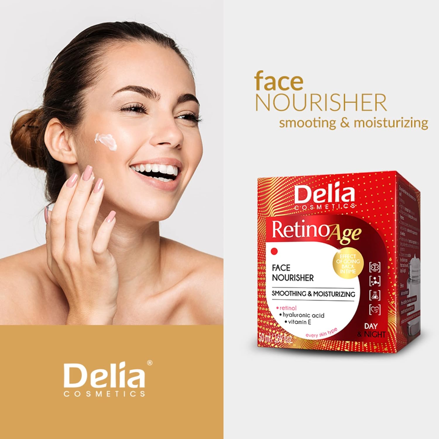 Delia Cosmetics - Retinoage - Face Cream – Retinol, Q10, Shea Butter, Macadamia Oil, Aloe Vera Gel, Vitamin E – Firming, Nourishing, Anti Aging, Day & Night Cream - 50ml : Amazon.co.uk: Beauty