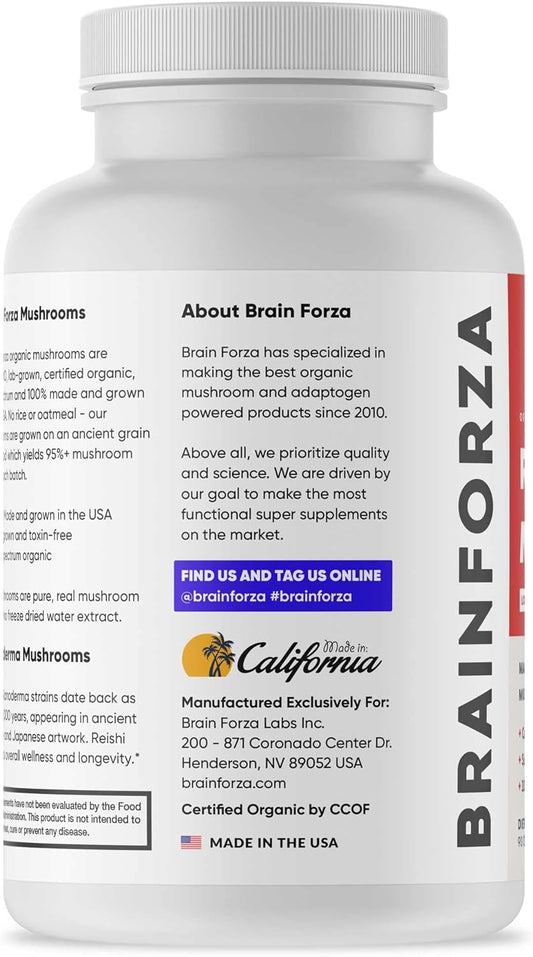 Brain Forza Organic Red Reishi Mushroom Capsules, Adaptogenic Mushroom Powered Immune Support, Heart and Cardiovascular Health, General Wellness and Vitality, Non-GMO, Vegan, Organic, 90 Capsules